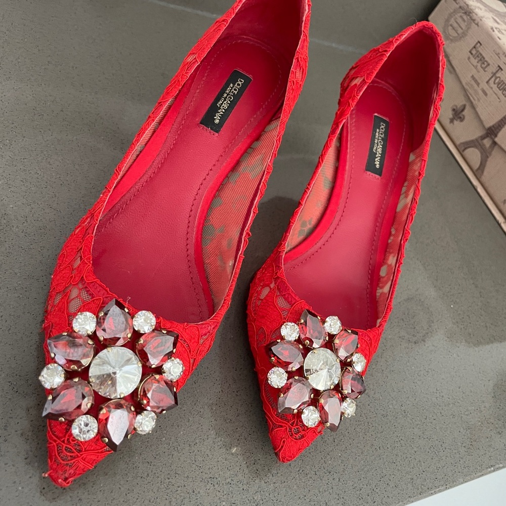 Dolce & Gabbana Red Lace Embellished Women's Shoes